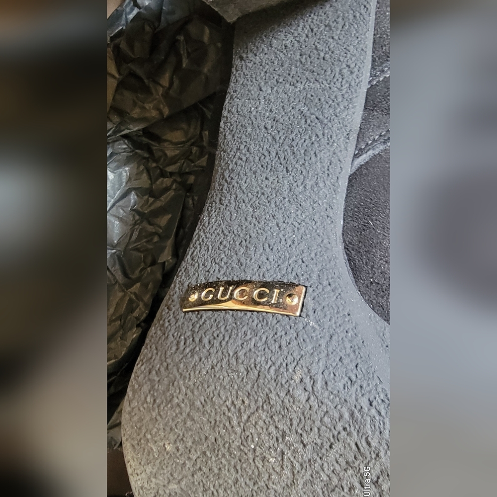 Gucci Suede Monogram Black Shearling Lined Tall High Heel Women's Boots 9.5 - Picture 5 of 11